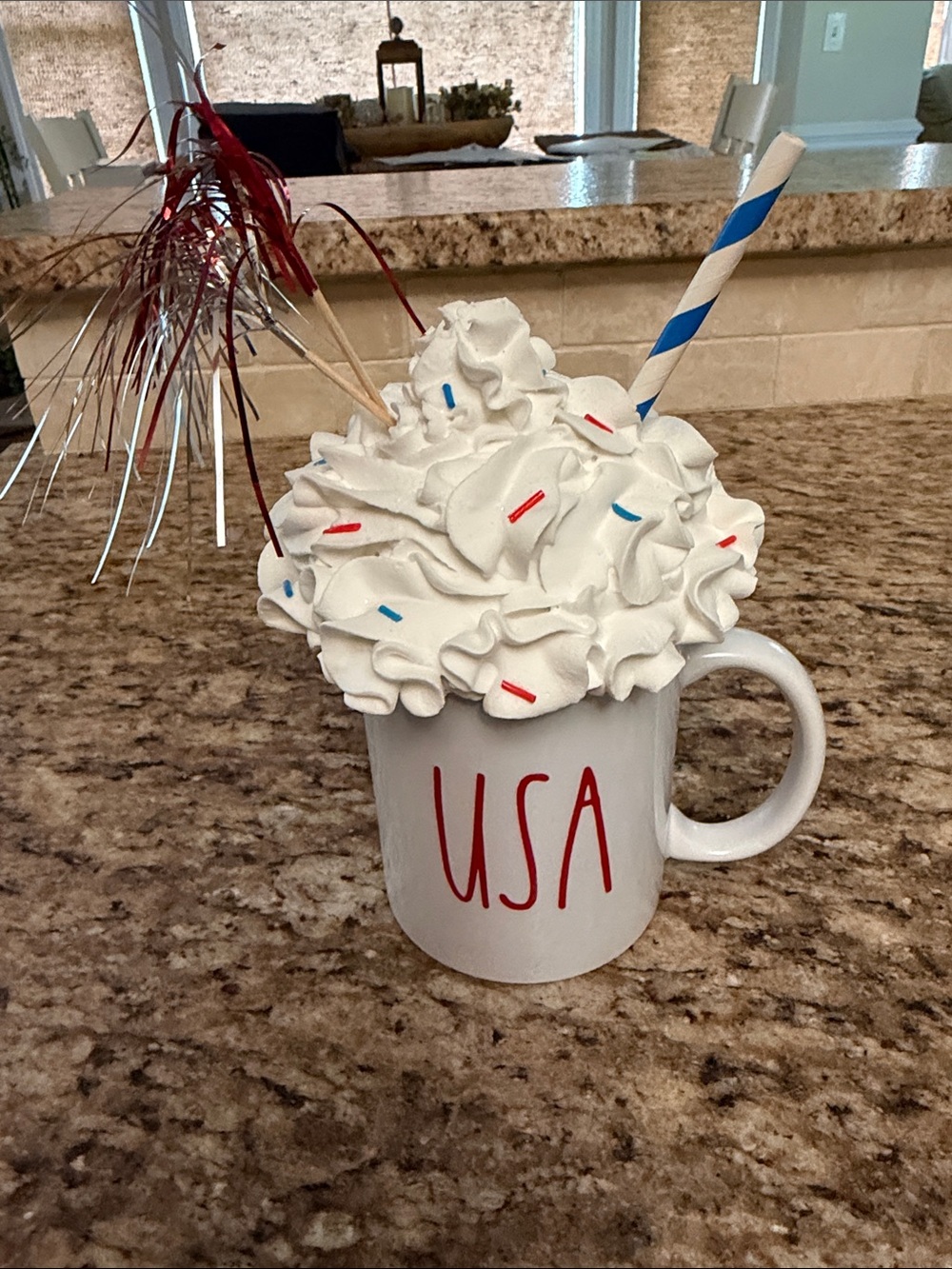 Source Unknown White Mug with Patriotic Red USA Lettering and Whipped Top